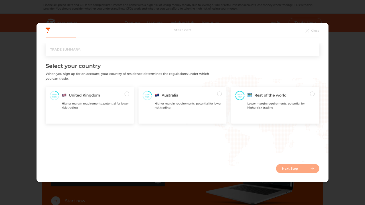Trading Simulator — Step 1: select your regulatory region
