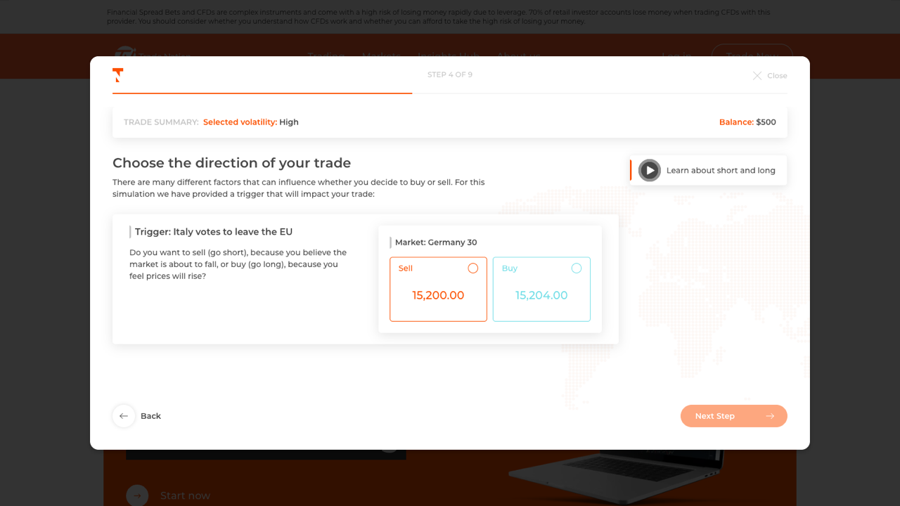 Trading Simulator — Step 4: choose trade direction against a live market trigger