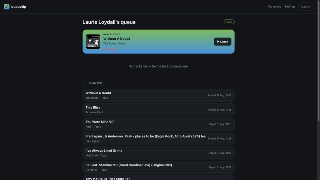 QueueTip — live queue view with now playing and play history