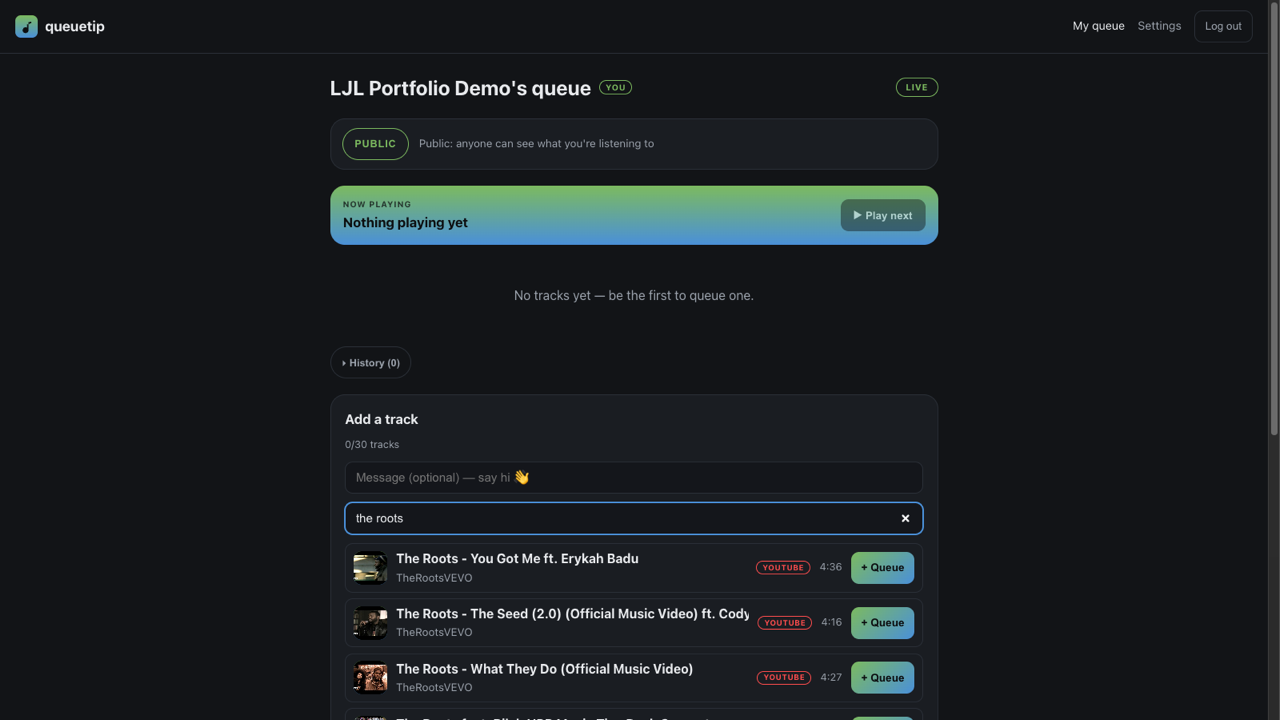 QueueTip — add a track: provider search with the 30-track cap on display